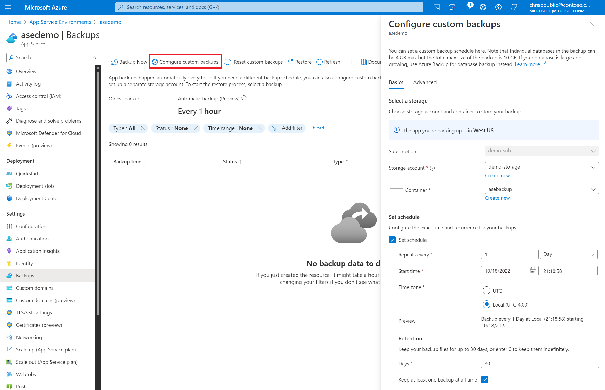 Captura de tela que mostra as opções para configurar backups personalizados para um aplicativo do Serviço de Aplicativo.