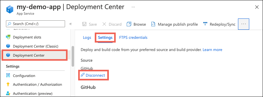 Captura de tela que mostra como desconectar a sincronização de pastas de nuvem com seu aplicativo do Serviço de Aplicativo no portal do Azure.