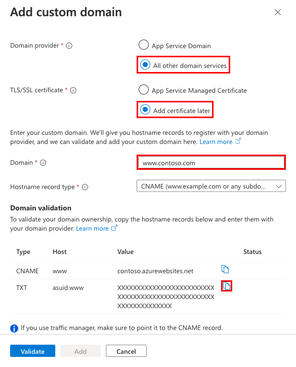 Uma captura de tela que mostra como configurar um novo domínio personalizado, acompanhado de um certificado gerenciado.