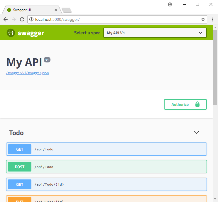 Captura de tela de uma API do ASP.NET Core em execução local.