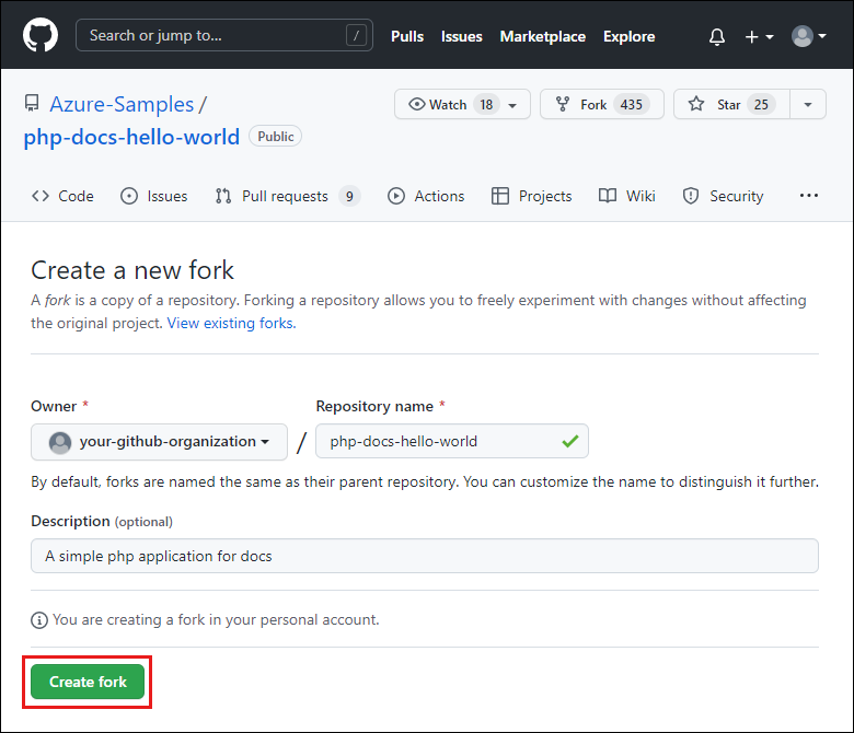 Captura de tela da página Criar um fork no GitHub para criar um fork de Azure-Samples/php-docs-hello-world.