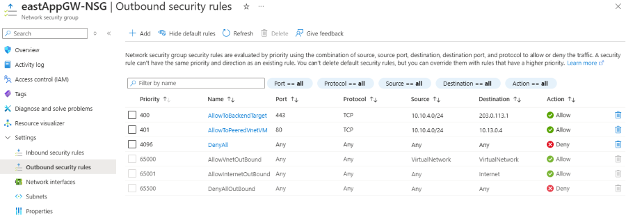 Captura de tela das regras de segurança de saída para o gateway de aplicativos.