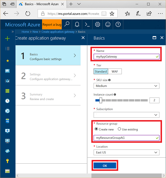 Criar novo gateway de aplicativo