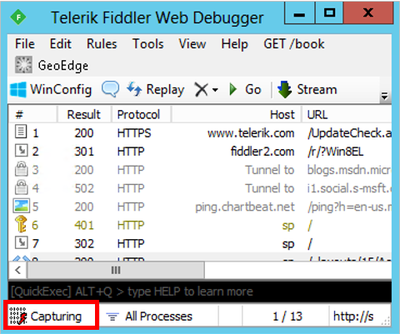 Captura de tela mostrando o Depurador da Web do Fiddler com o indicador de Captura realçado.