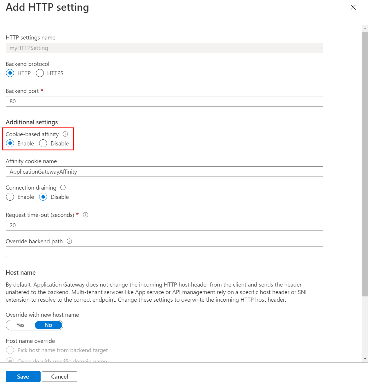 A captura de tela mostra as configurações de gateway para um gateway de aplicativo, incluindo se a afinidade baseada em cookie está selecionada.