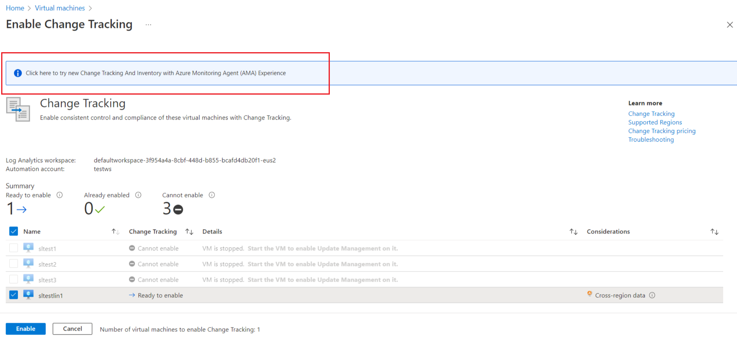 Captura de tela mostrando como selecionar habilitar controle de alterações para várias vms do portal.