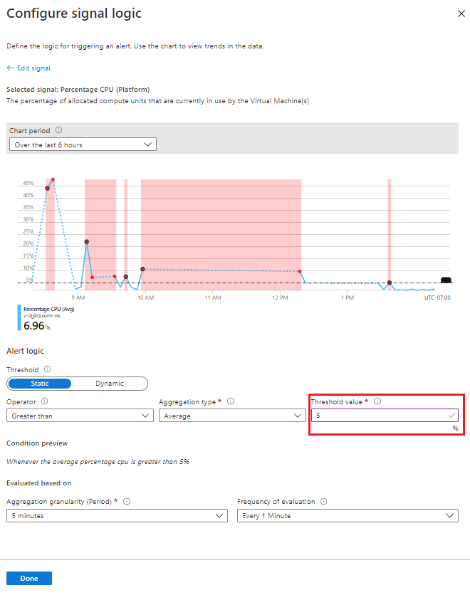 Inserindo o valor de limite de porcentagem de CPU.