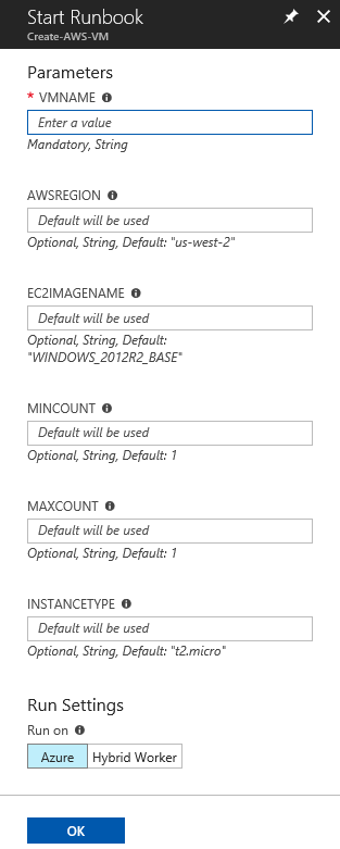 Iniciar o runbook New-AwsVM