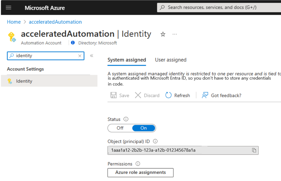 Captura de tela da configuração do status como ATIVADO para a identidade gerenciada atribuída pelo sistema.