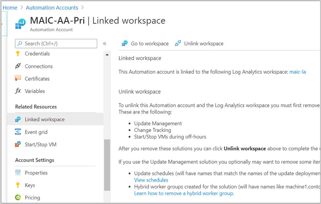 Página Desvincular workspace