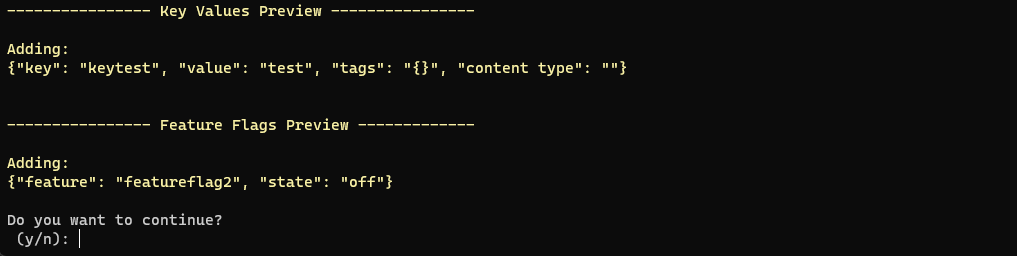 Captura de tela da CLI. Exportar para o prompt de confirmação da Configuração de Aplicativos.