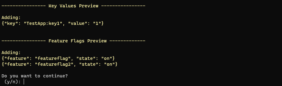 Captura de tela da CLI. Importar do prompt de confirmação do arquivo.