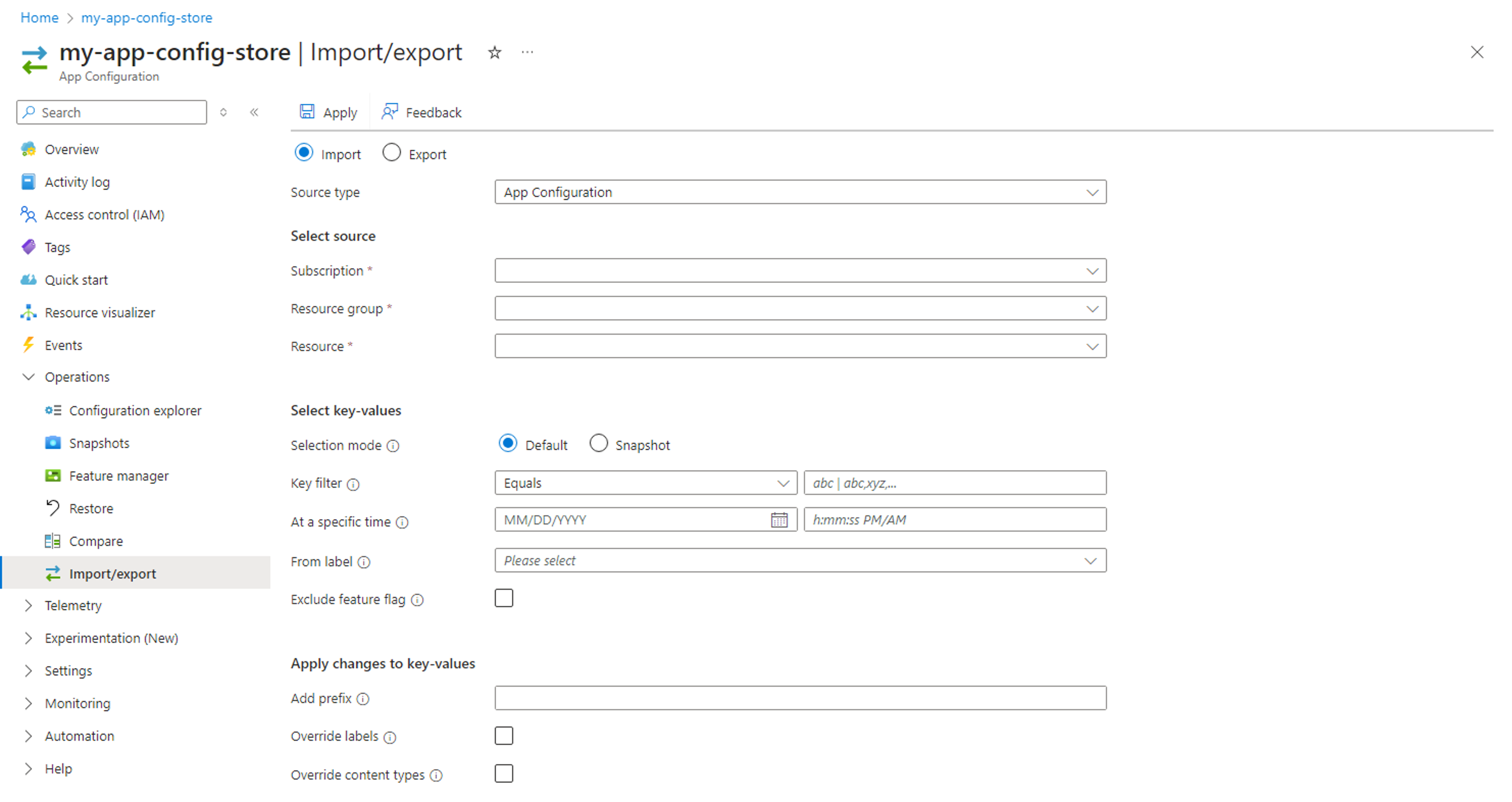 Captura de tela do portal do Azure, importando de um repositório de Configuração de Aplicativos.