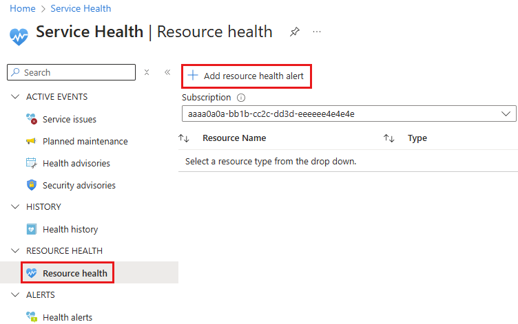 Captura de tela da seção Integridade do recurso em Integridade do Serviço no portal do Azure.