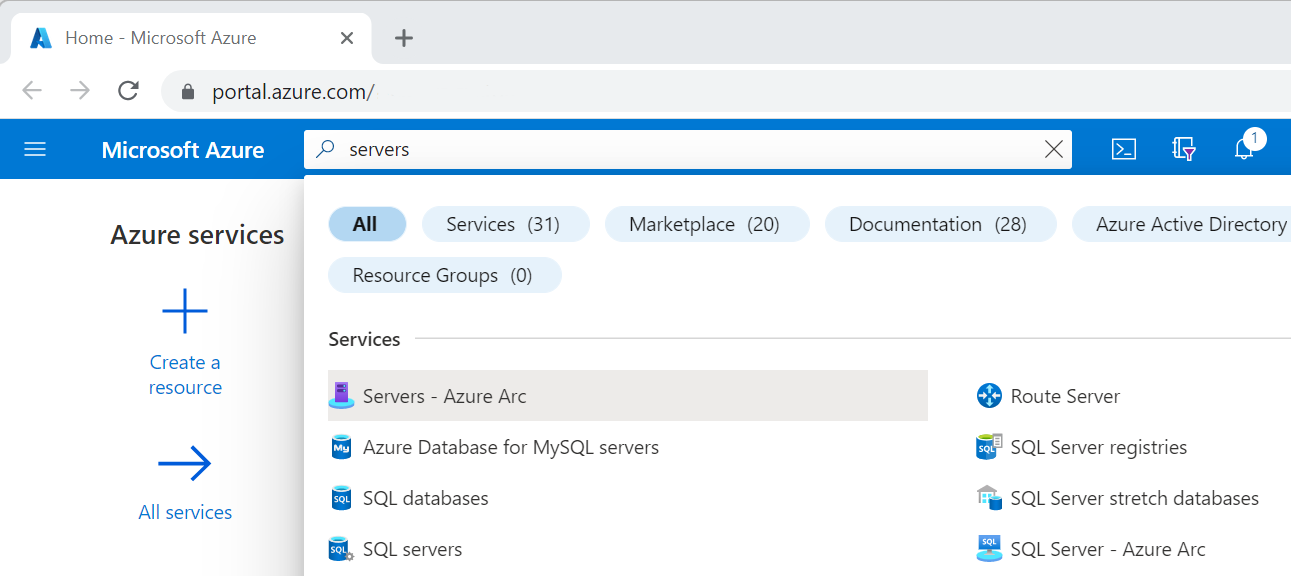 Captura de tela do portal do Azure mostrando a pesquisa por servidores, Azure Arc.