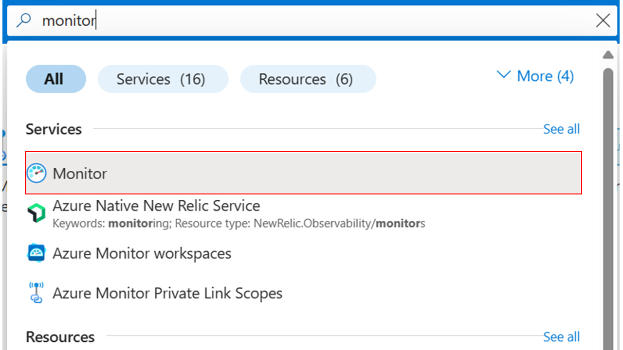 Captura de tela que mostra a pesquisa de monitor no portal do Azure.