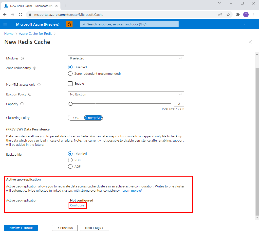 Captura de tela da guia avançado da página Criar Cache Redis.