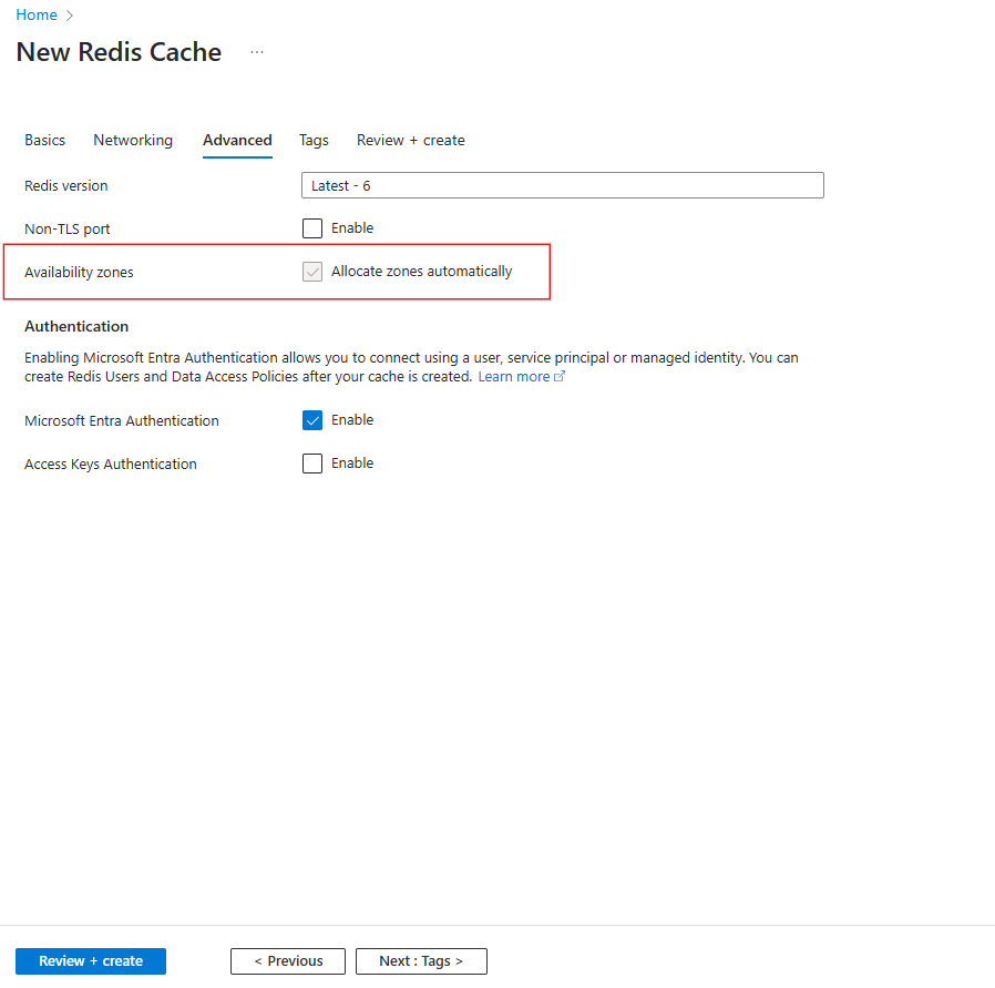 Captura de tela mostrando a guia Avançado com uma caixa vermelha em torno de Zonas de disponibilidade do cache Standard.