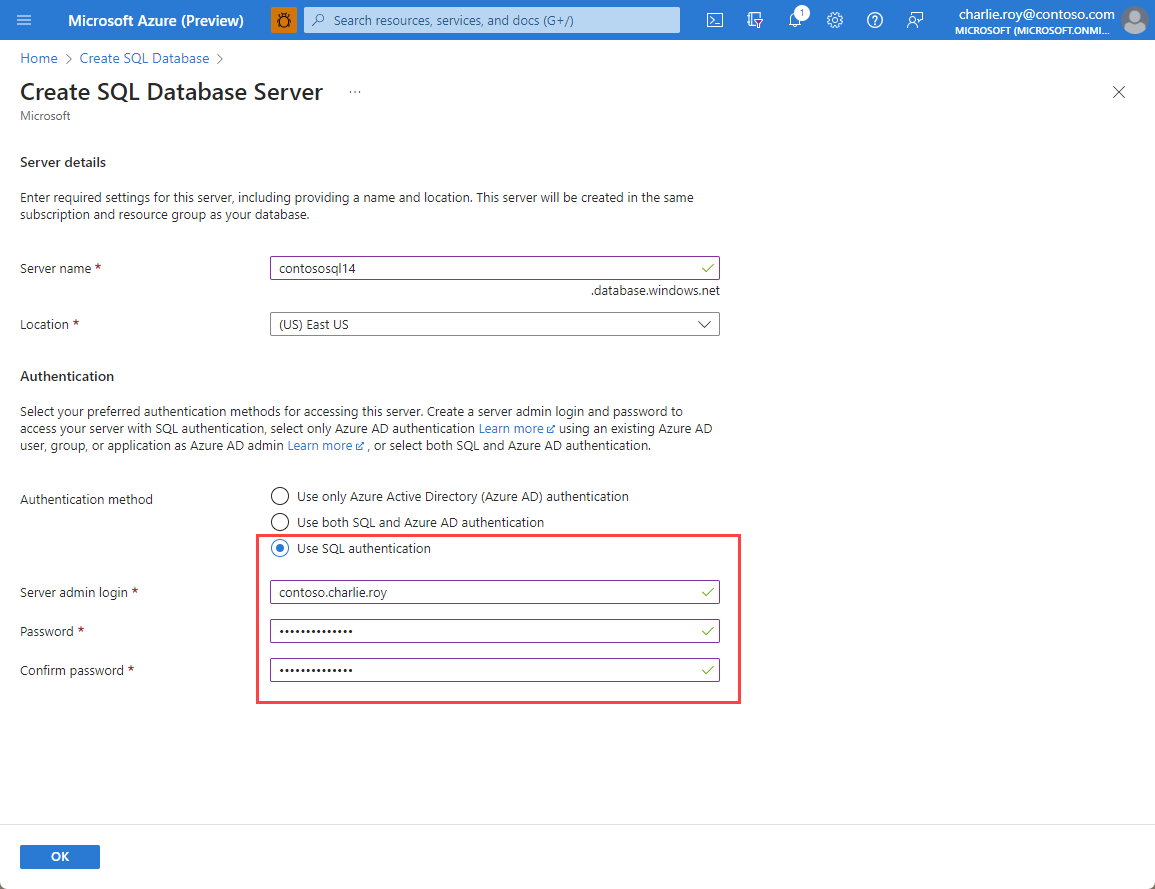 Captura de tela das informações de autenticação para um recurso do SQL do Azure.