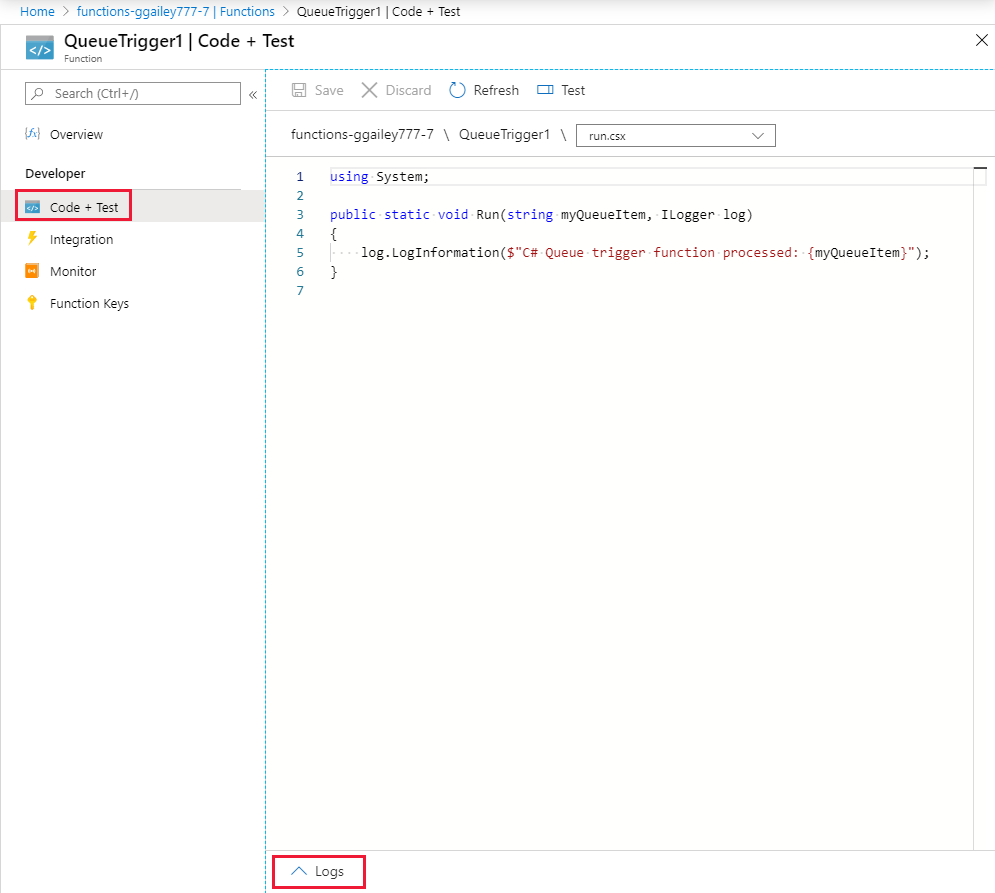 Captura de tela que mostra a página 'código + teste' com uma mensagem exibida dos logs.