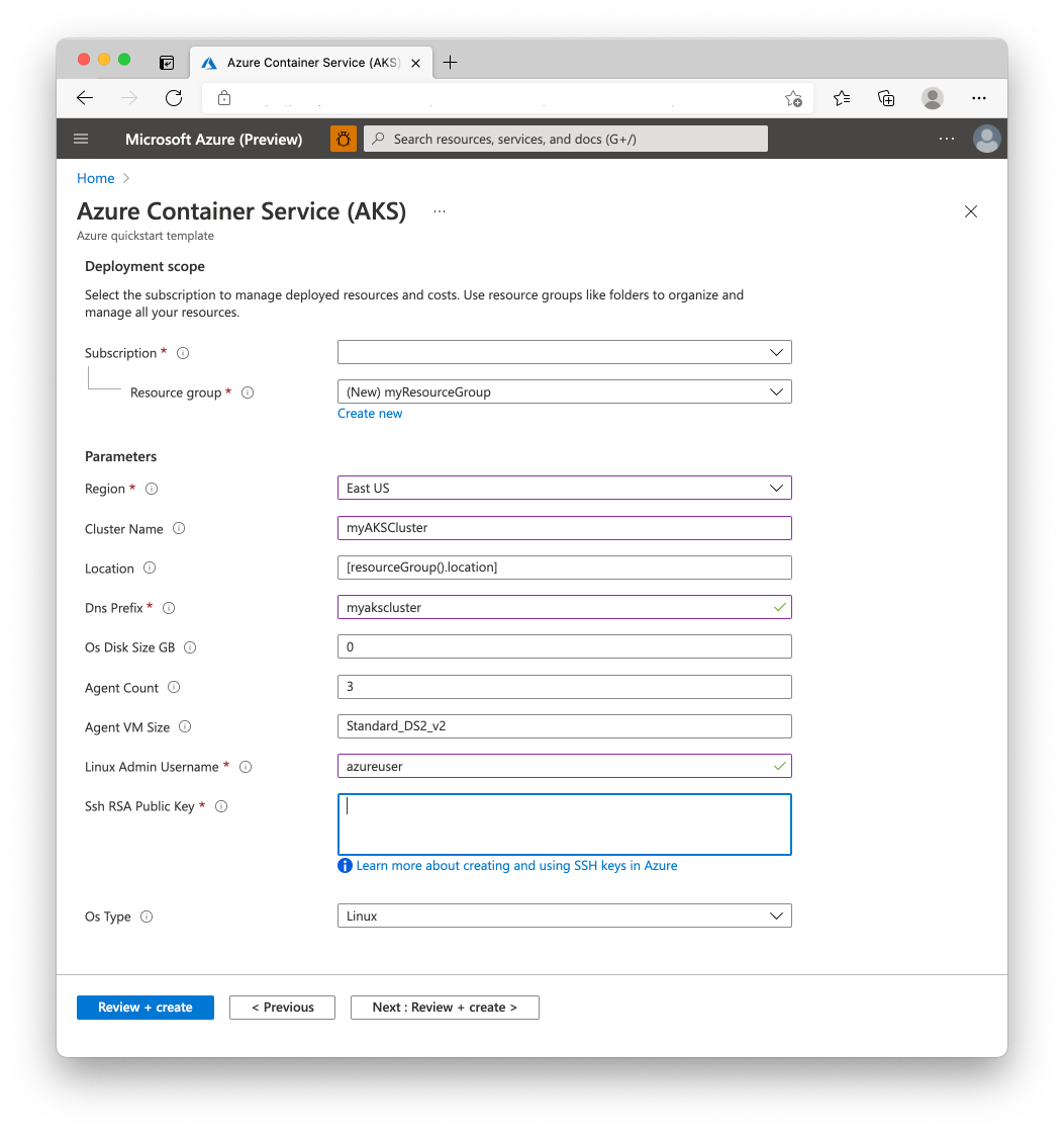 Captura de tela do Modelo do Resource Manager para criar um cluster do Serviço de Kubernetes do Azure no portal.