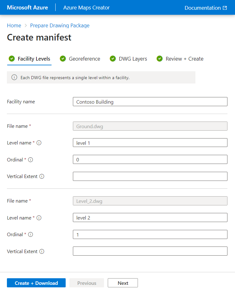 Captura de tela mostrando a guia de níveis de instalação da ferramenta de integração do Criador do Azure Mapas.