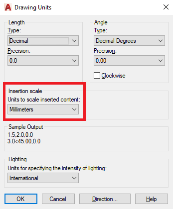 Captura de tela da janela de unidades de desenho no software AutoCAD® do Autodesk.