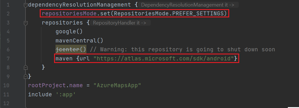 Uma captura de tela do arquivo de configurações do projeto no Android Studio.