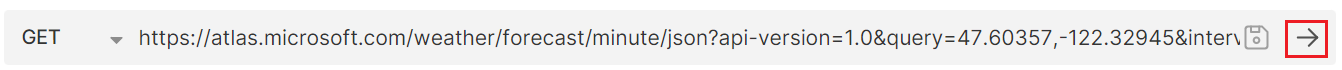 Uma captura de tela mostrando o URL de solicitação de dados de previsão do tempo minuto a minuto com o botão “Executar” realçado no aplicativo bruno.