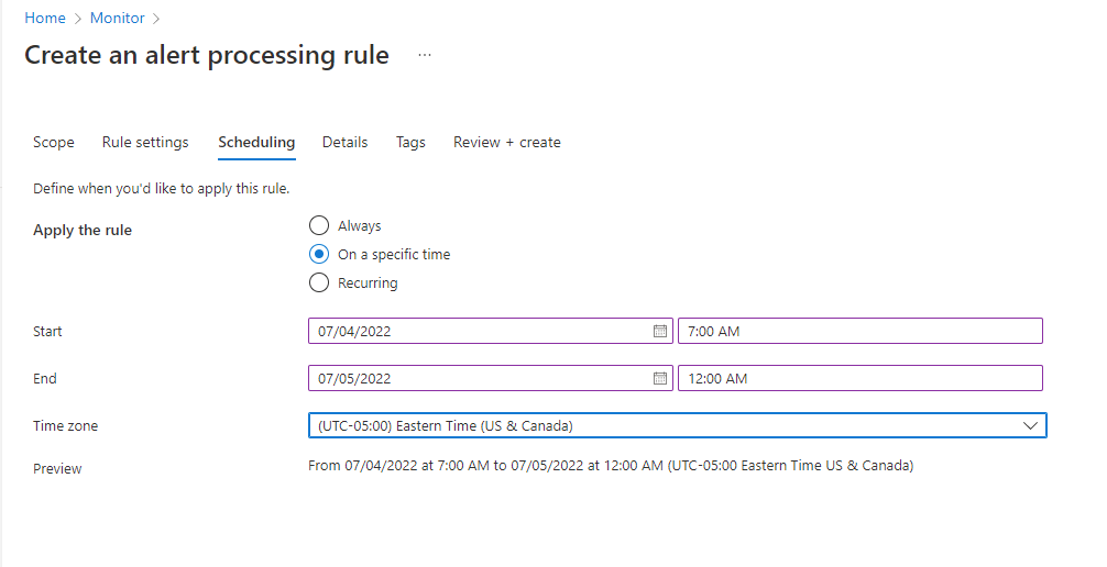 Captura de tela que mostra a guia Agendamento do assistente de regras de processamento de alertas com uma regra única.