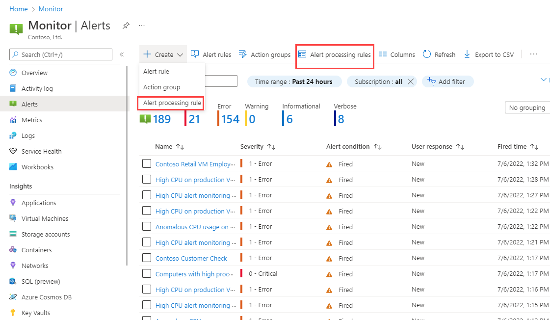 Captura de tela que mostra como acessar as regras de processamento de alertas na página de aterrissagem do Azure Monitor.