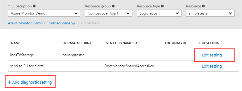 Captura de tela que mostra a adição de uma configuração de diagnóstico em configurações existentes.