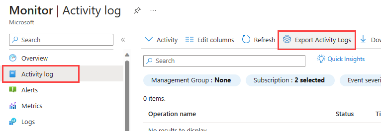 Captura de tela que mostra o menu do Azure Monitor com o Log de atividades selecionado e Exportar log de atividades destacadas na barra de menus do Log de atividades do Monitor.