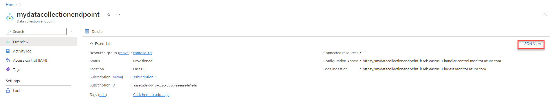 Captura de tela que mostra a tela de visão geral do ponto de extremidade de coleta de dados.