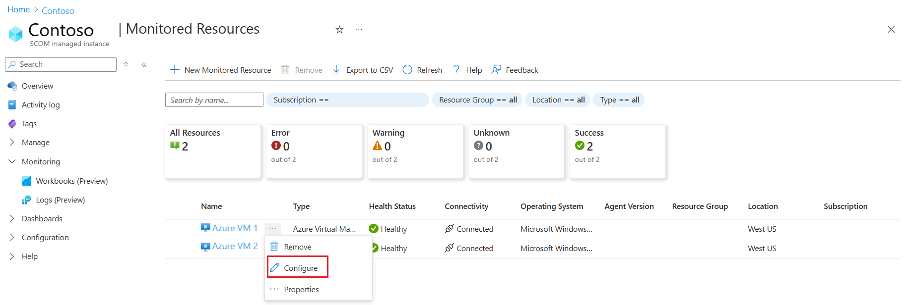 Captura de tela que mostra a opção de configuração do agente.