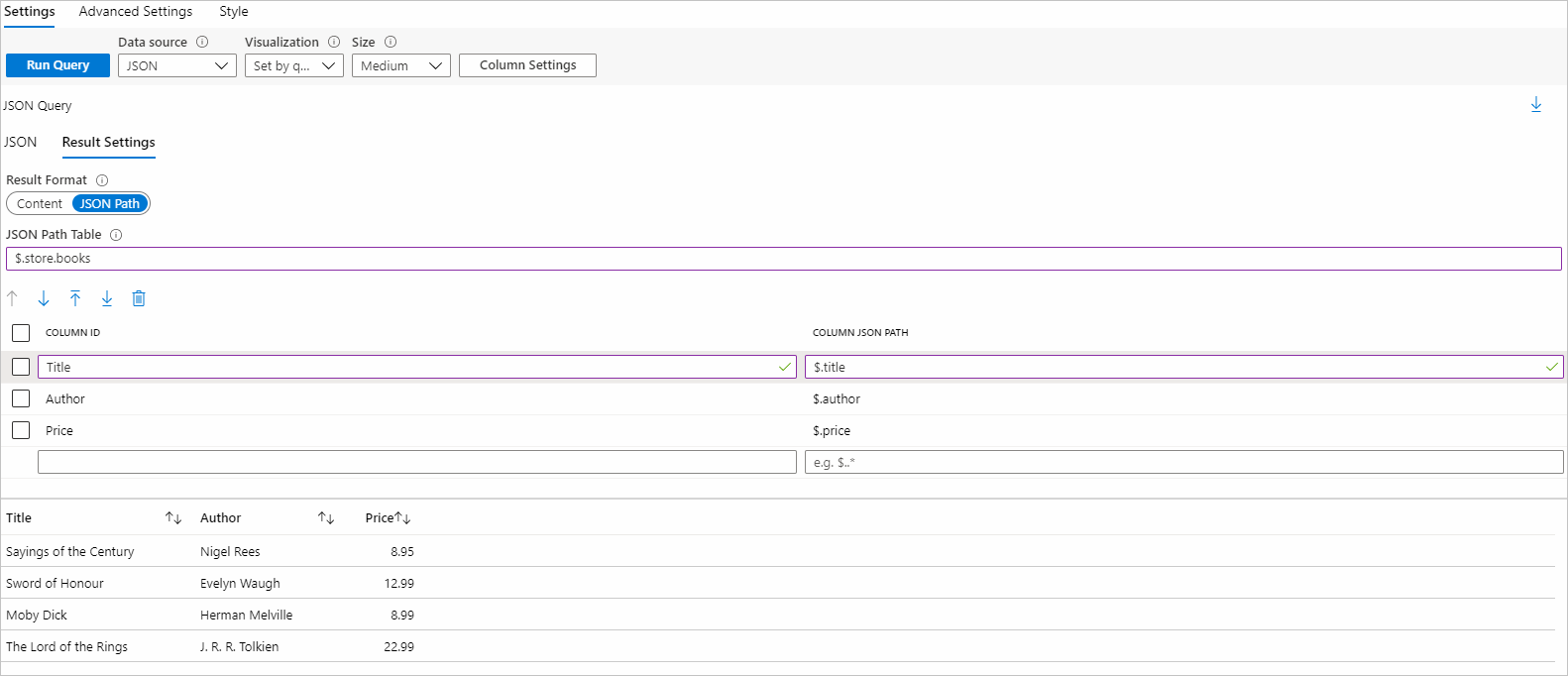 Captura de tela mostrando a edição de um item de consulta com fonte de dados JSON e formato de resultado de caminho JSON.