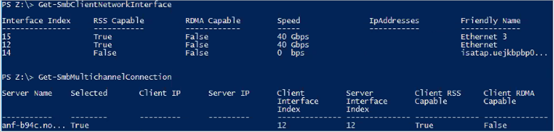 Captura de tela que mostra a saída para NICs compatíveis com RSS.