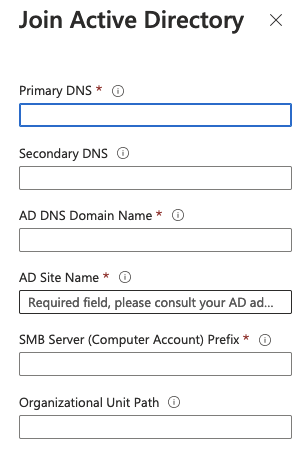 Captura de tela dos campos de entrada de Ingressar no Active Directory.