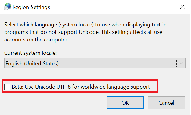 Captura de tela da janela de configurações de região.