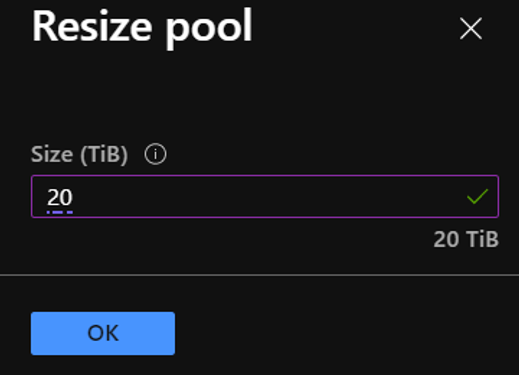 Captura de tela que mostra a janela Redimensionar Pool.