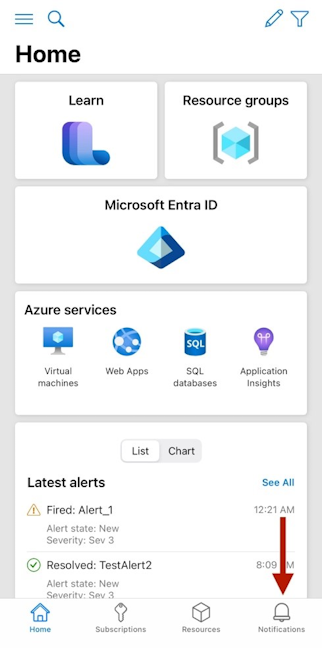 Captura de tela mostrando o ícone Notificações na barra de ferramentas inferior do aplicativo móvel do Azure.