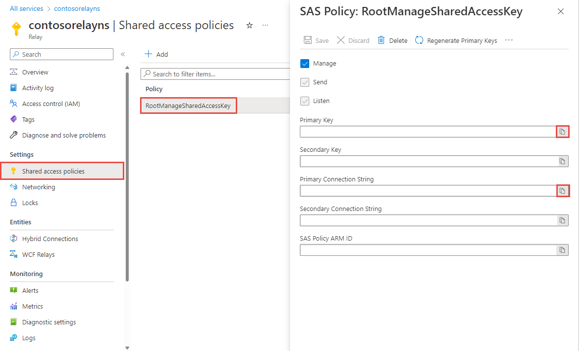 Captura de tela mostrando as informações de conexão do namespace de Retransmissão.