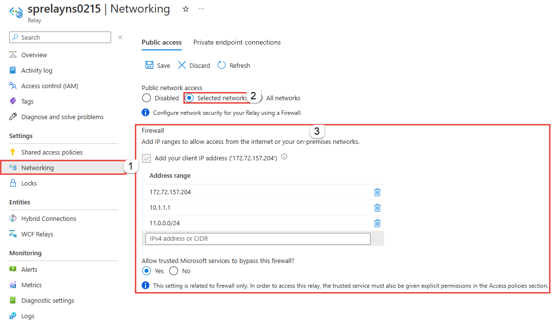 Captura de tela mostrando a guia Acesso público da página Rede com o Firewall habilitado.