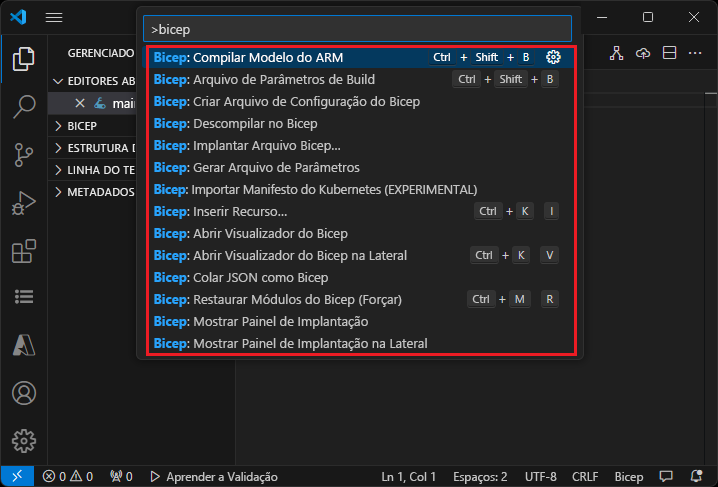 Captura de tela dos comandos Bicep do Visual Studio Code na paleta de comandos.