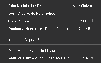 Captura de tela dos comandos Bicep do Visual Studio Code no menu de contexto dos arquivos do Bicep.