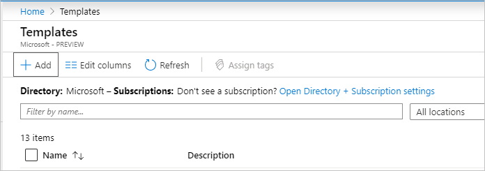  Captura de tela do painel Modelos no portal do Azure com o botão Adicionar destacado.