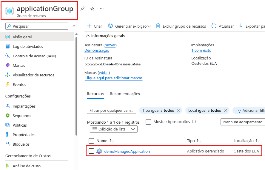 Captura de tela que mostra o grupo de recursos que contém o aplicativo gerenciado.