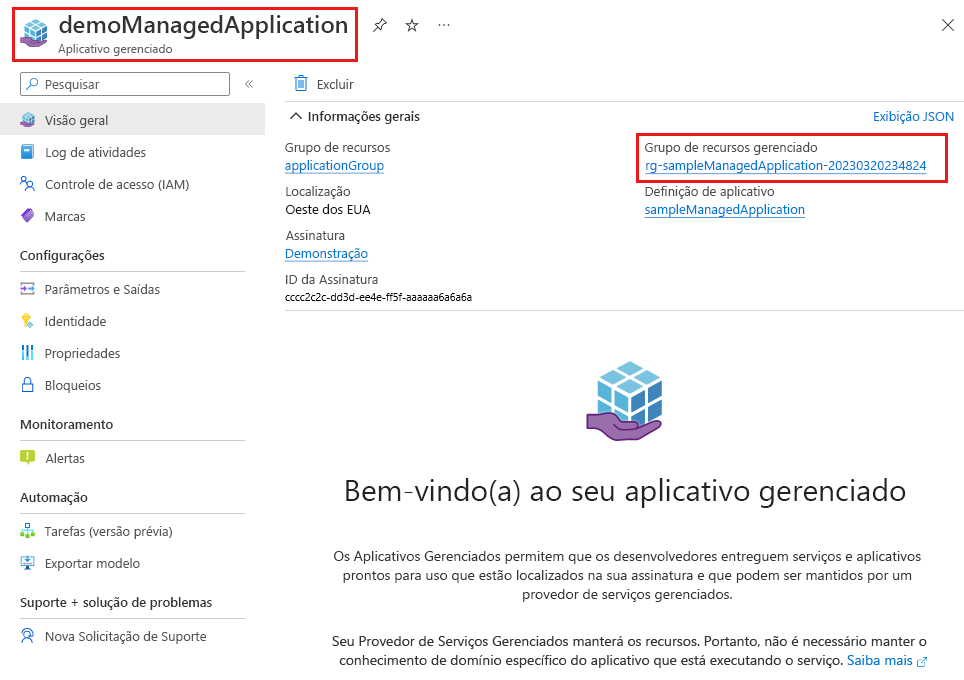 Captura de tela que mostra os detalhes do aplicativo gerenciado e realça o link para o grupo de recursos gerenciados.