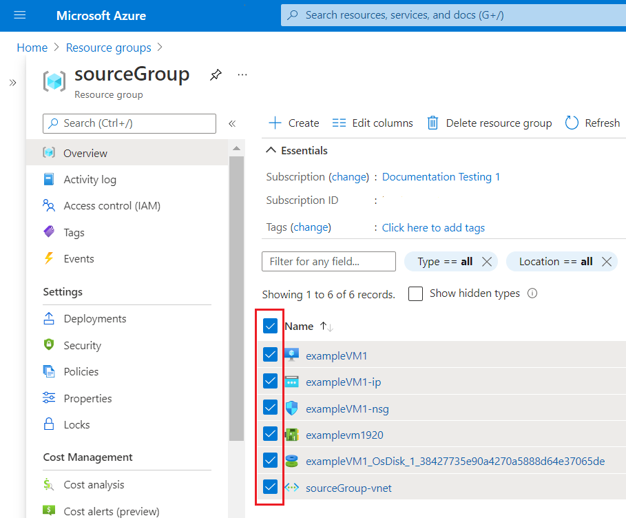 Captura de tela do portal do Azure mostrando a seleção de recursos a serem movidos.