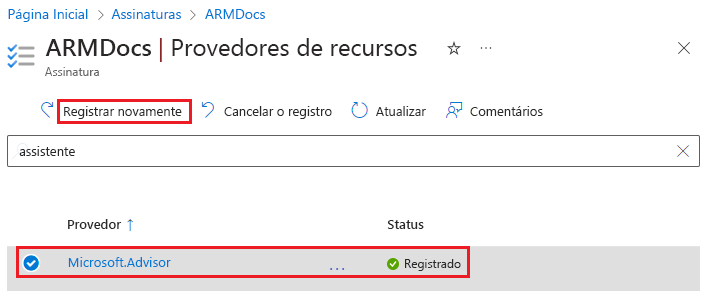 Captura de tela do novo registro de um provedor de recursos no portal do Azure.